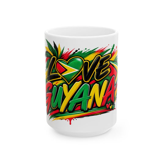 Love Guyana Ceramic Mug – Colorful Guyanese Flag Heart Coffee Cup (11oz, 15oz)