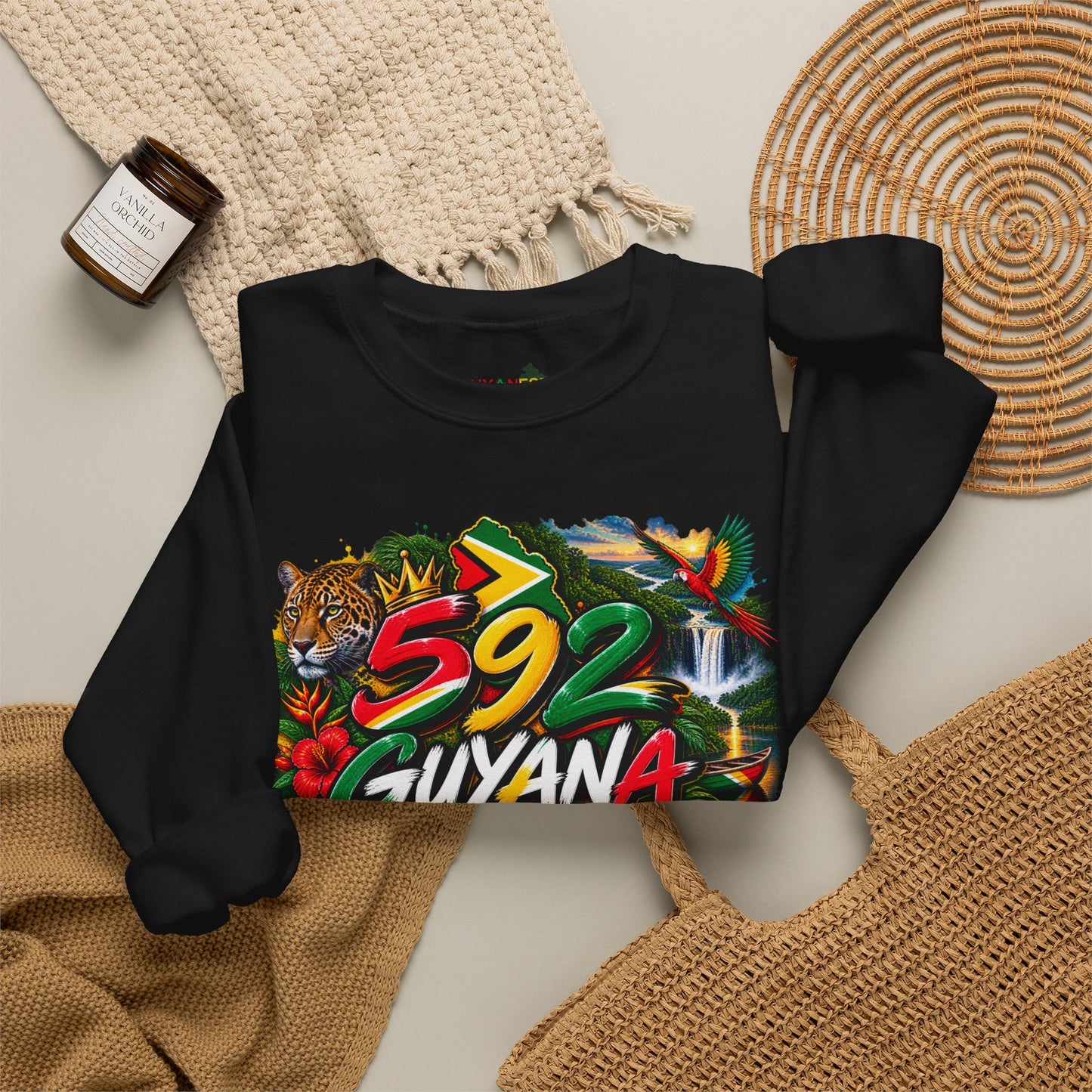 Guyana 592 Crewneck Sweatshirt – Tropical Jaguar & Flag Sleeve Design