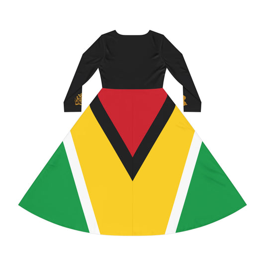Guyana Flag Maxi Dress with Gold Coat of Arms & Guyana Map Sleeve Details