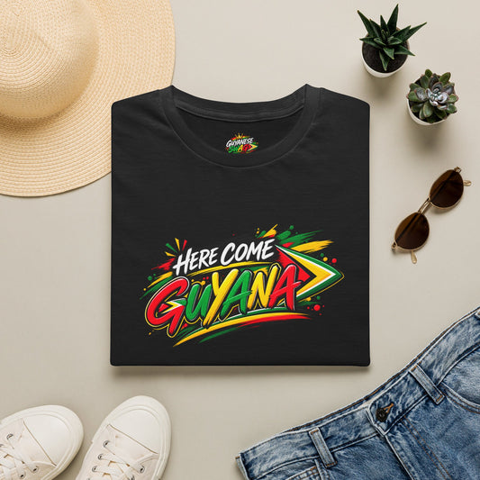 Guyana Pride T-Shirt — "Here Come Guyana" Colorful Island Graphic Tee