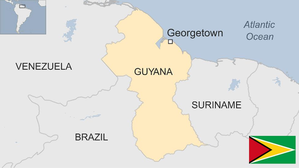 Locator map showing Guyana and neighboring countries in northern South America