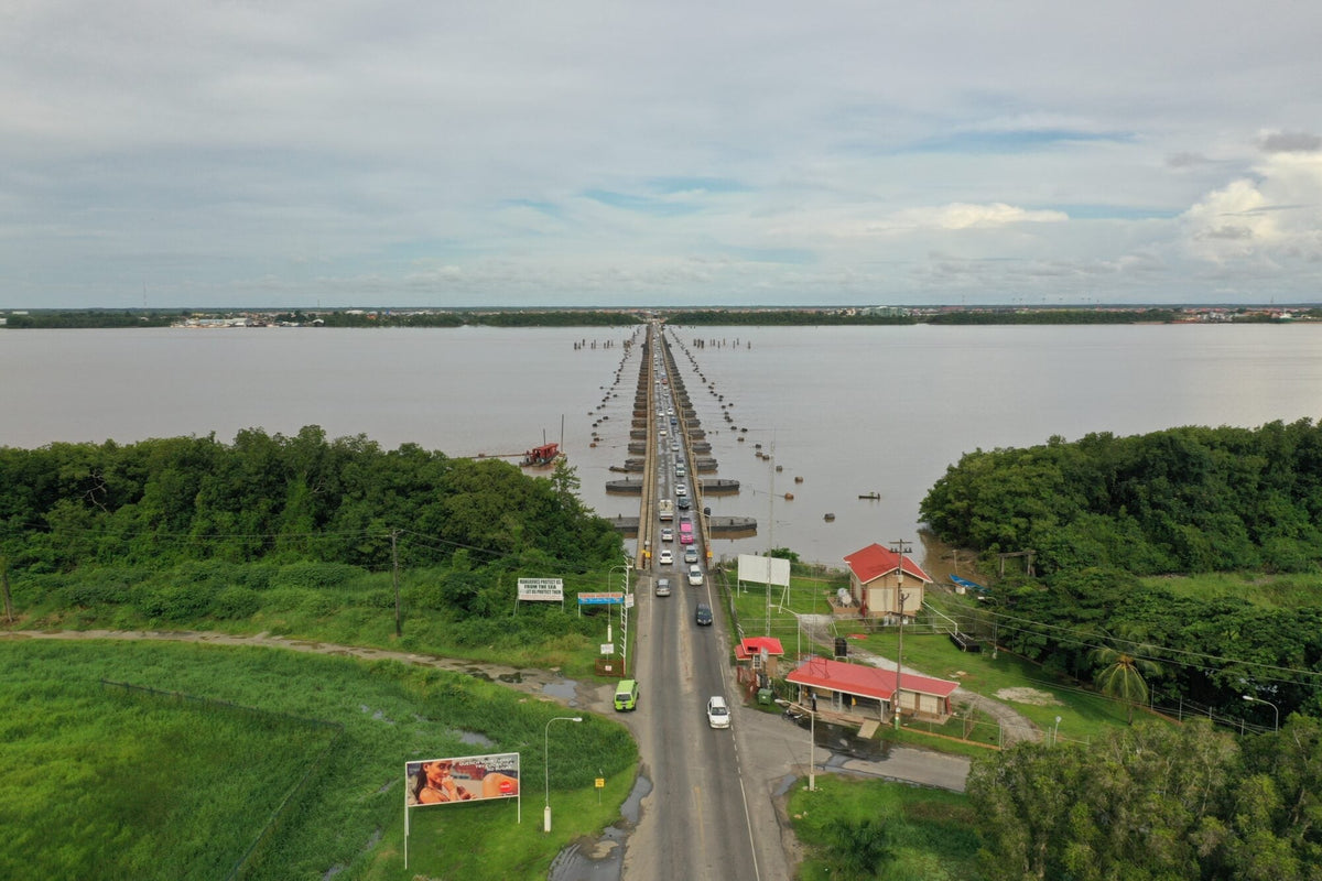 The former floating Demerara Harbour Bridge crossing the river