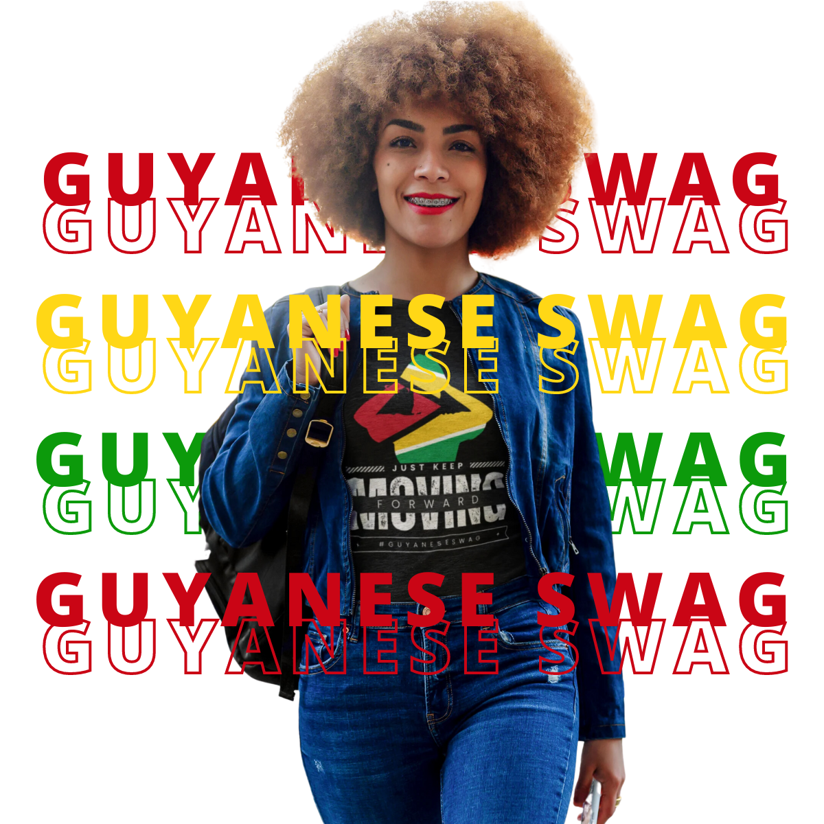Guyanese Swag lifestyle image featuring the Keep Moving Forward design
