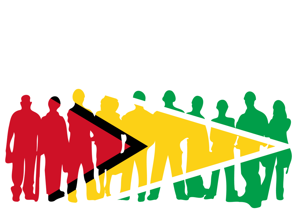Guyanese Labour Day artwork with workers and Golden Arrowhead colors