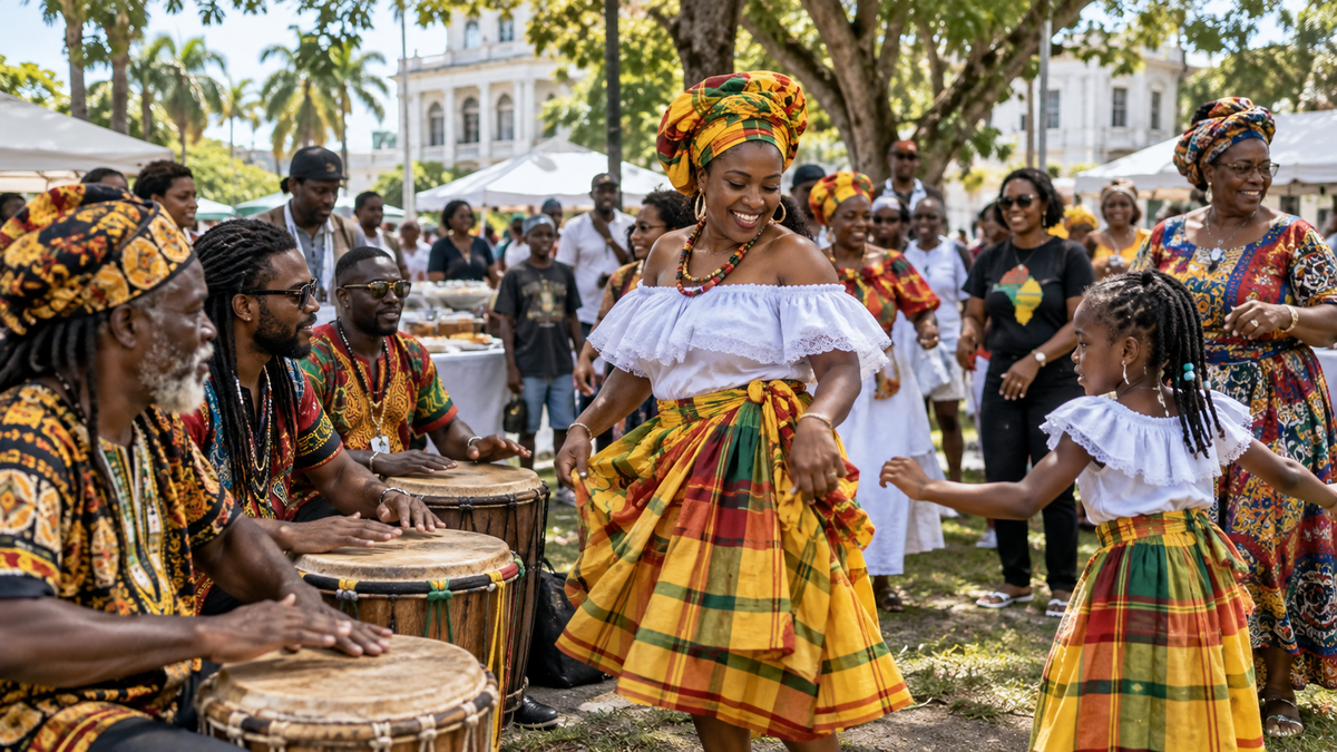 Afro-Guyanese cultural celebration with drumming, dancing and families outdoors