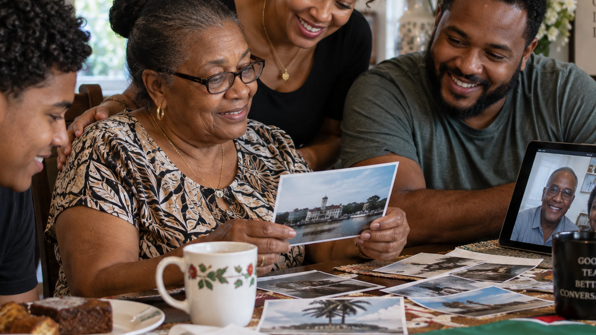Guyanese diaspora family reconnecting with heritage through family photographs and memories