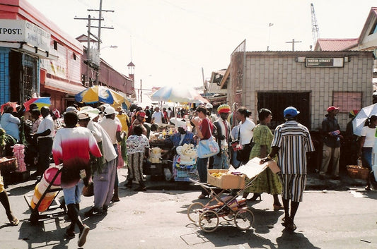 Stabroek Market area in Georgetown, Guyana, with vendors and shoppers