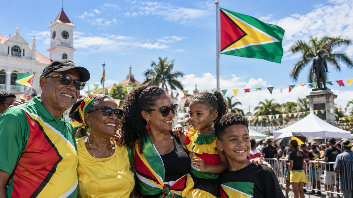 Guyanese family celebrating beneath the Golden Arrowhead at a national festival