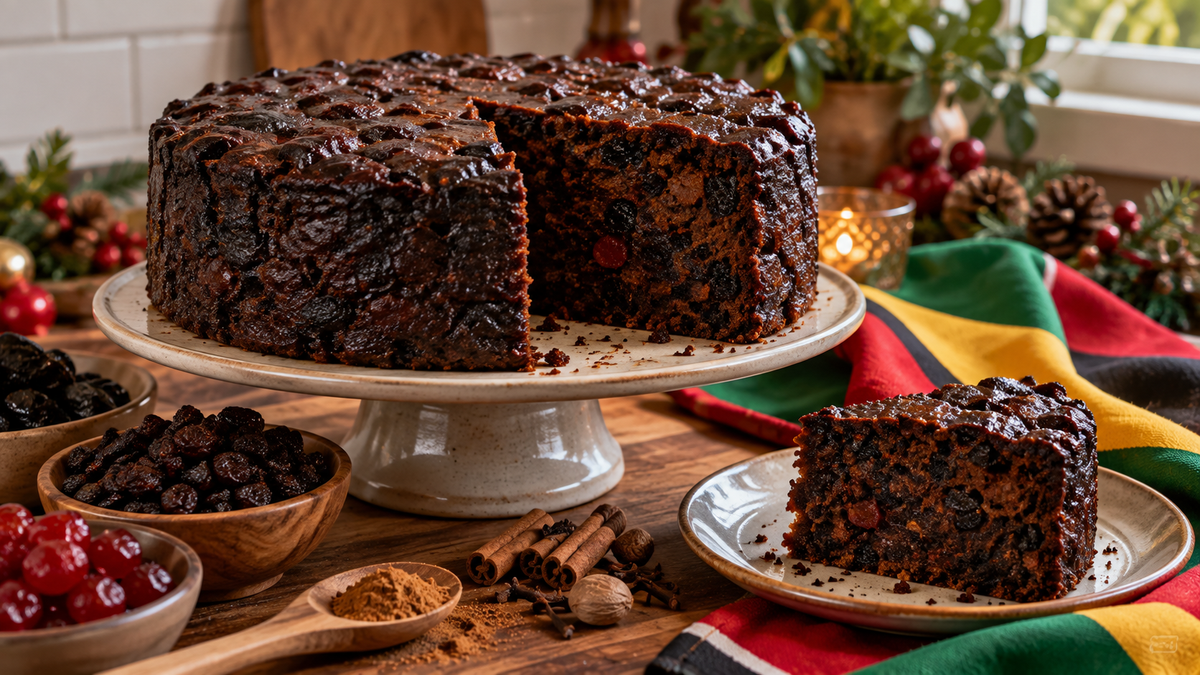 Guyanese black cake with dried fruit and warm Christmas spices