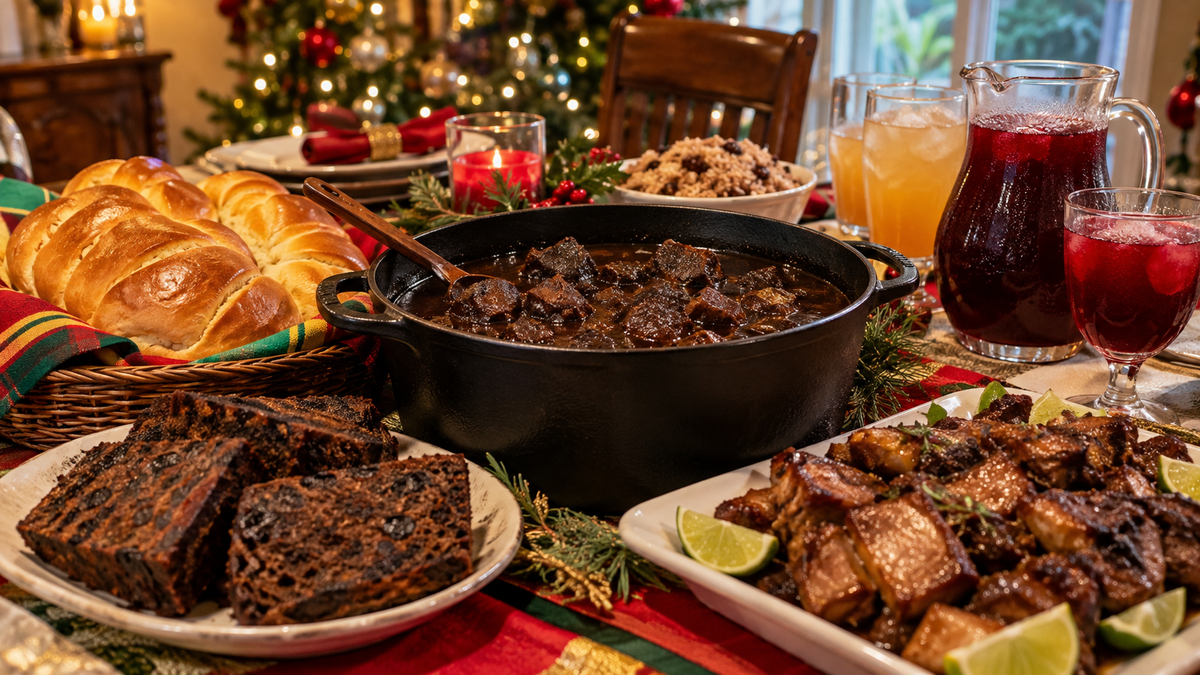 Guyanese Christmas table with pepperpot, plait bread, black cake, garlic pork and holiday drinks