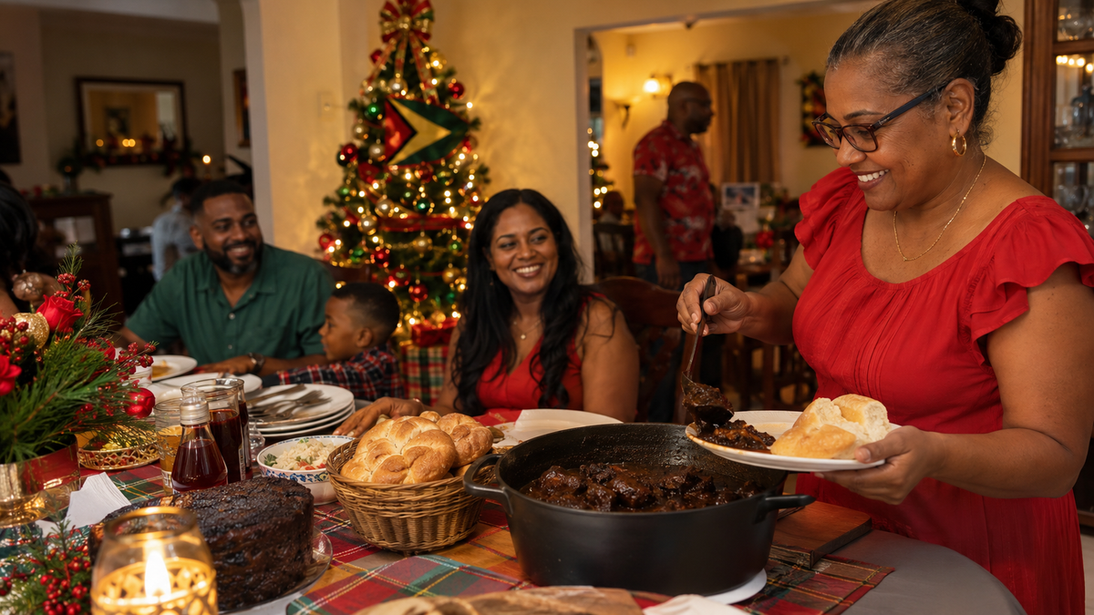 Guyanese family sharing Christmas food around a festive table