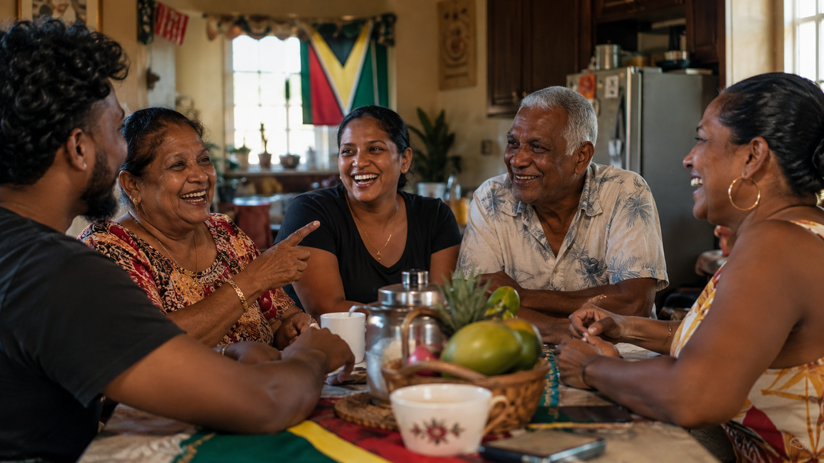 Guyanese family laughing and talking together around a kitchen table