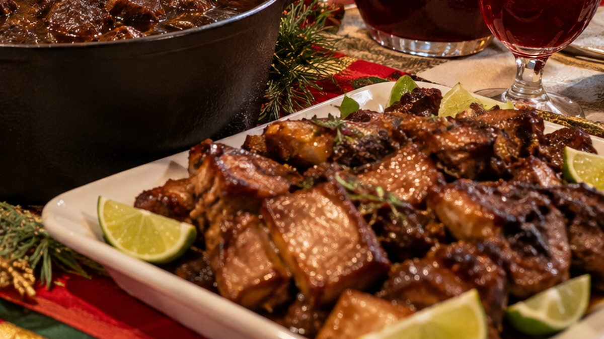 Guyanese garlic pork served on a festive Christmas table