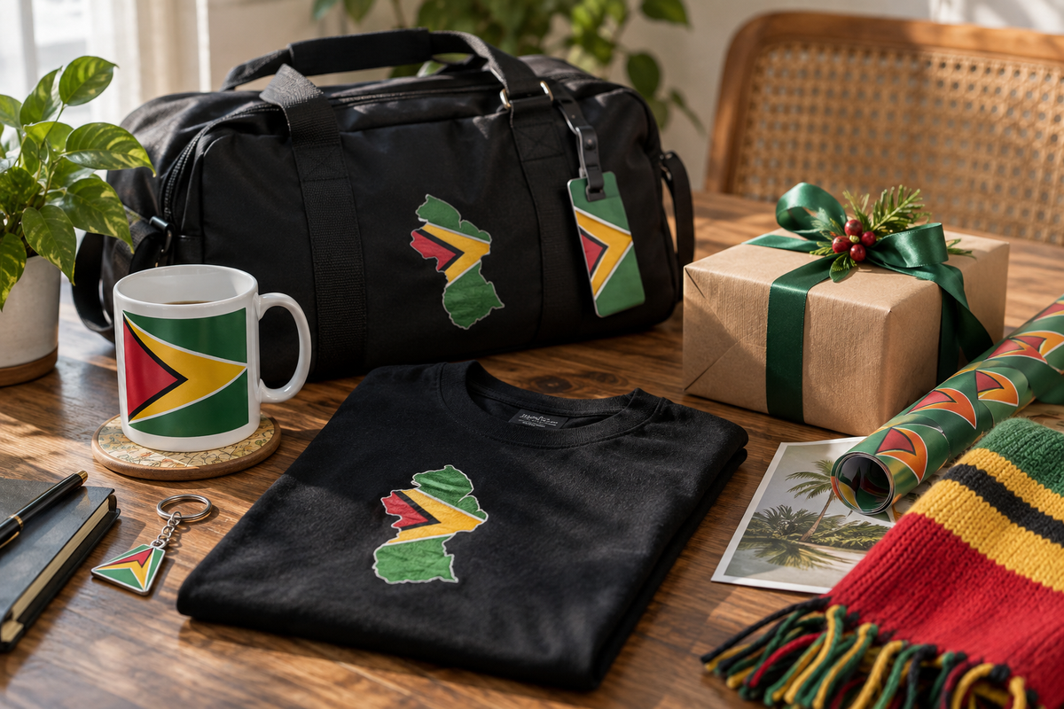 Guyana-inspired gifts including mug, bag, shirt, keychain and wrapped present