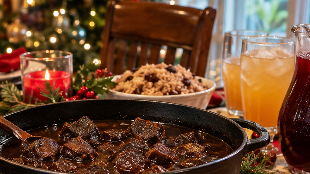 Guyanese cook-up rice on a festive Old Year's Night table
