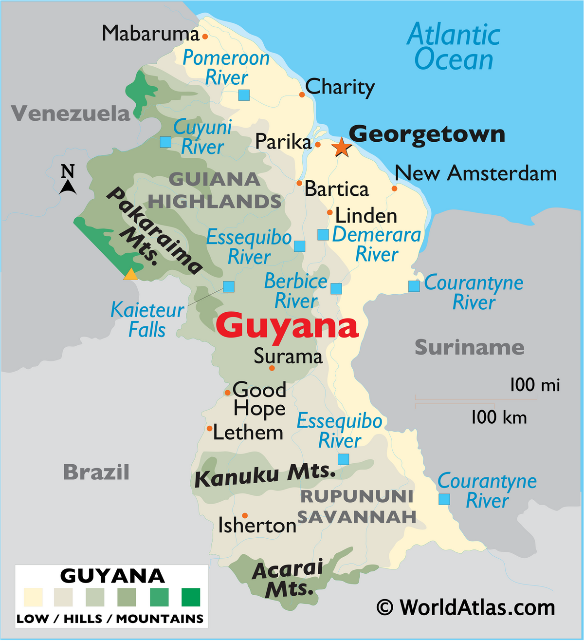 Detailed Guyana place map showing settlements, rivers and neighboring countries