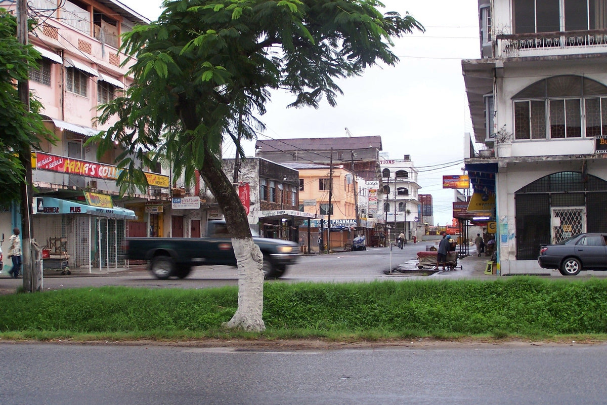 Everyday street scene in Georgetown, Guyana, representing the language and voices of daily life