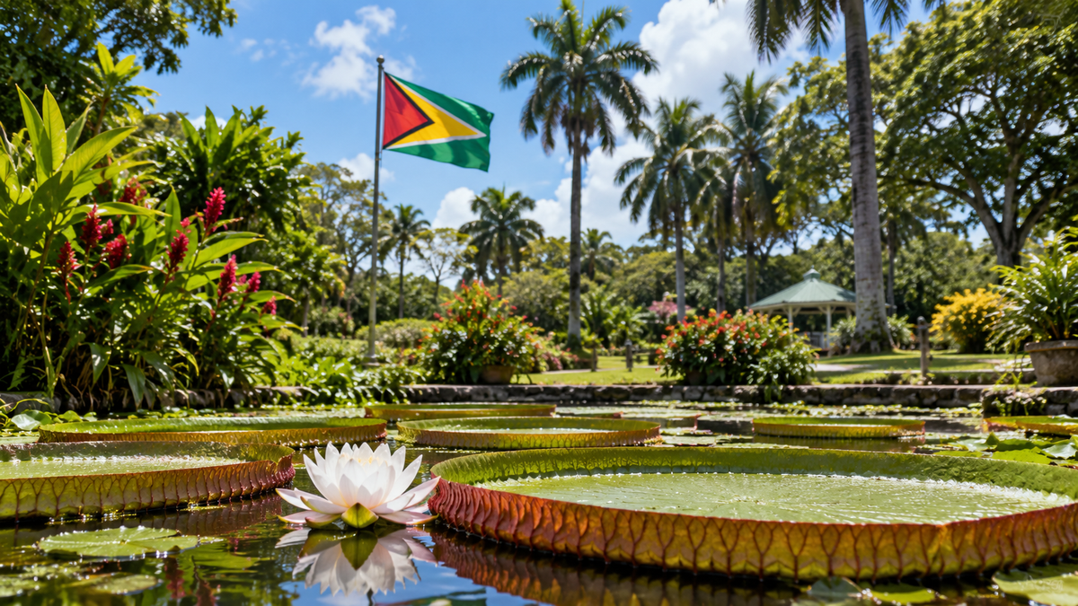 Guyana flag beside Victoria Regia water lilies in a tropical botanical garden