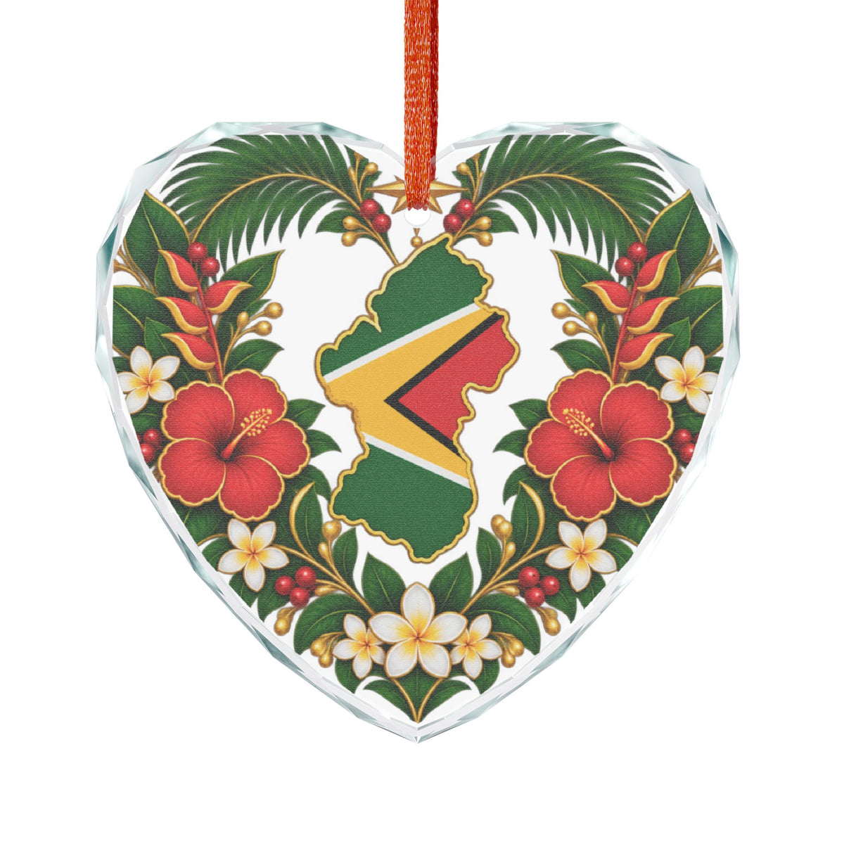 Guyana Christmas ornament in clear crystal glass with tropical floral design
