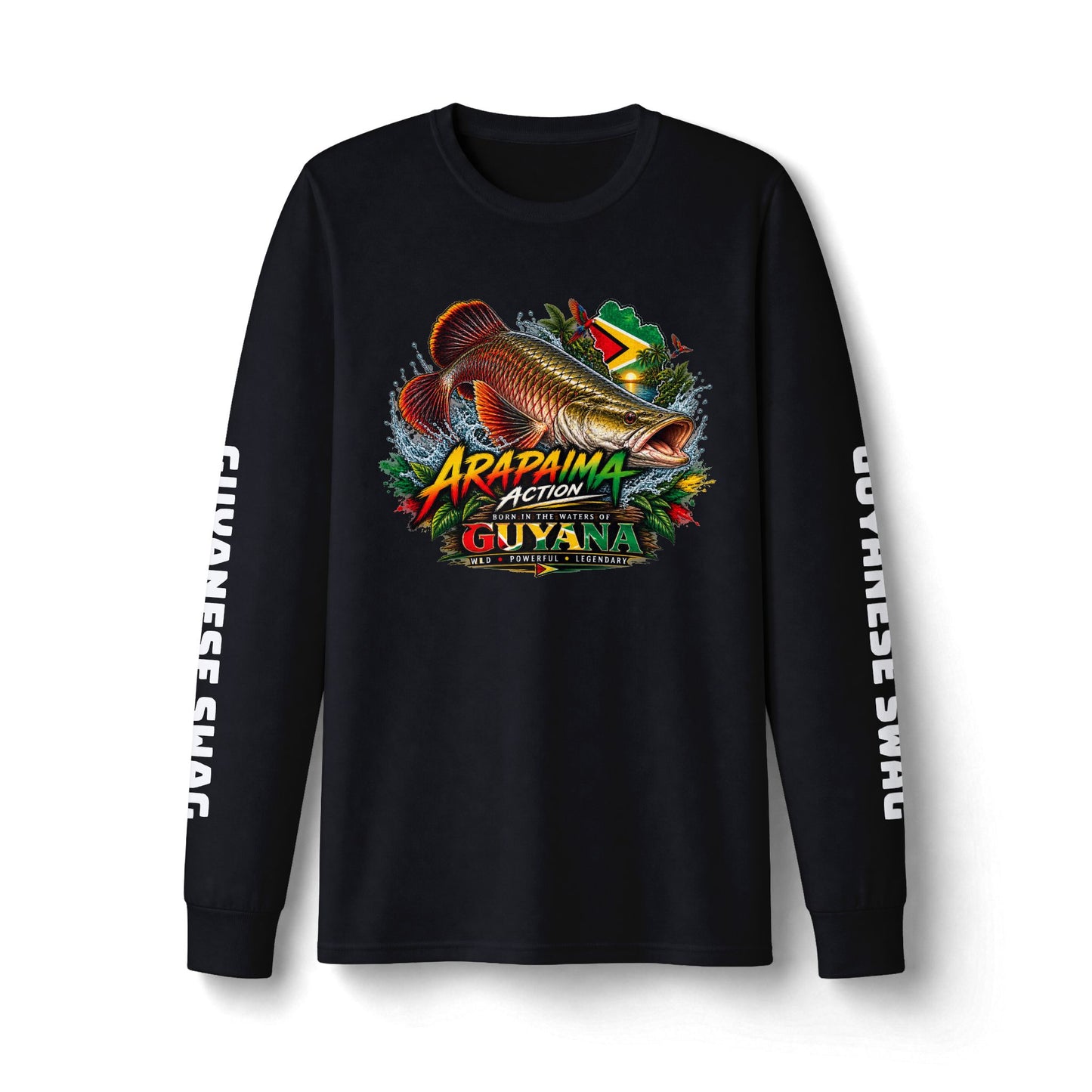 Guyana Arapaima Fishing Long Sleeve Tee — "Guyanese Swag" Graphic