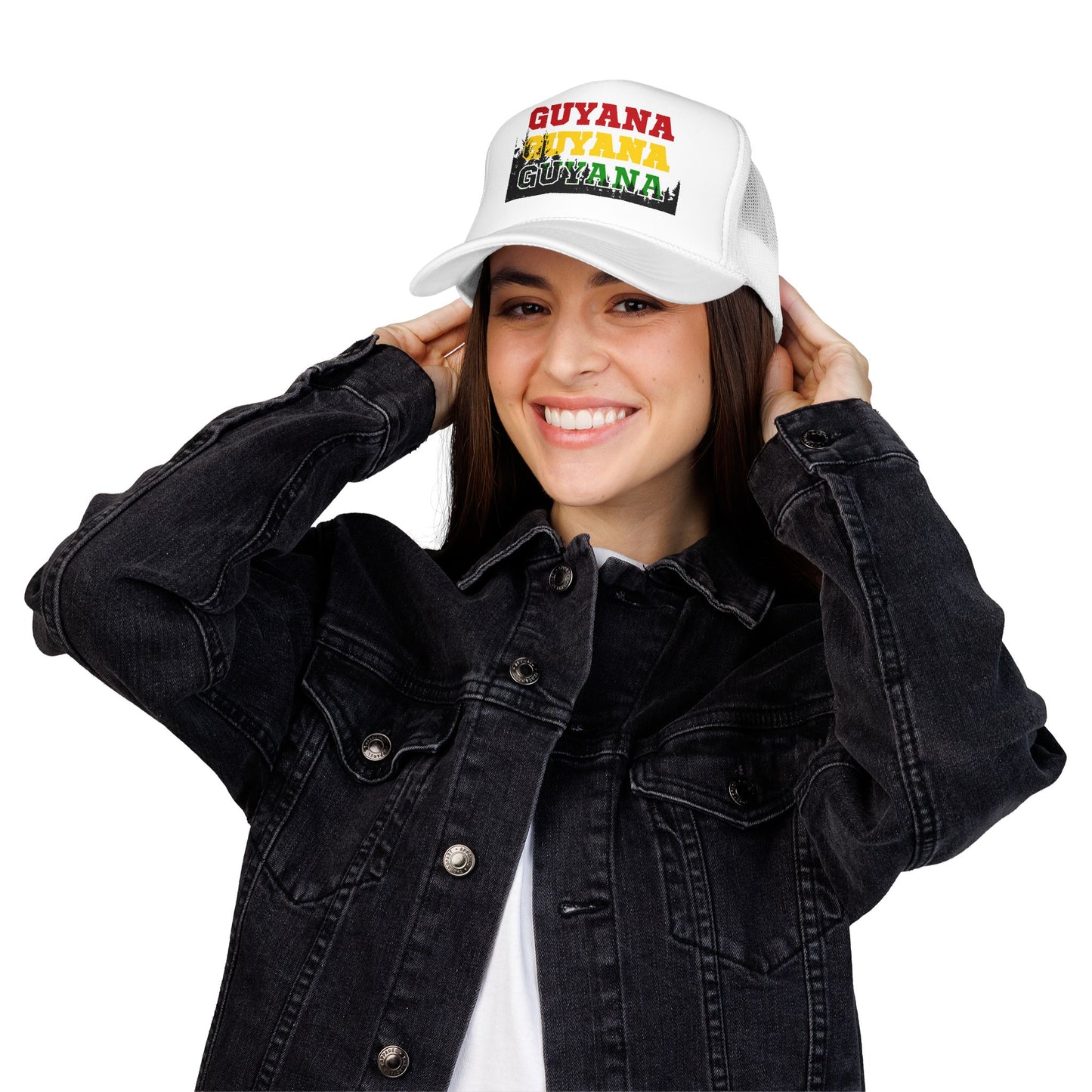 Guyana Retro Trucker Hat — Distressed Red Yellow Green Text Cap
