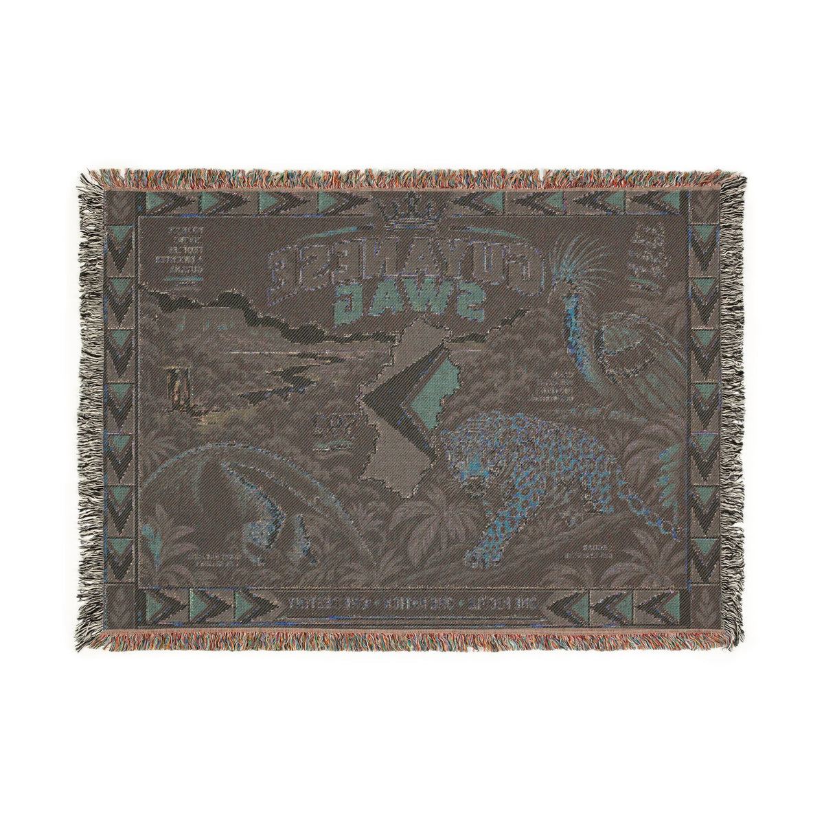 Guyana jaguar map blanket with colorful woven fringe