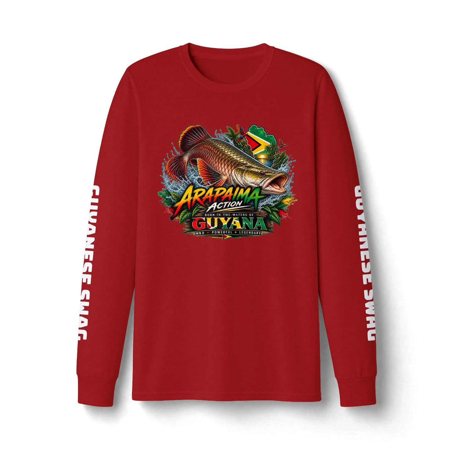 Guyana Arapaima Fishing Long Sleeve Tee — "Guyanese Swag" Graphic