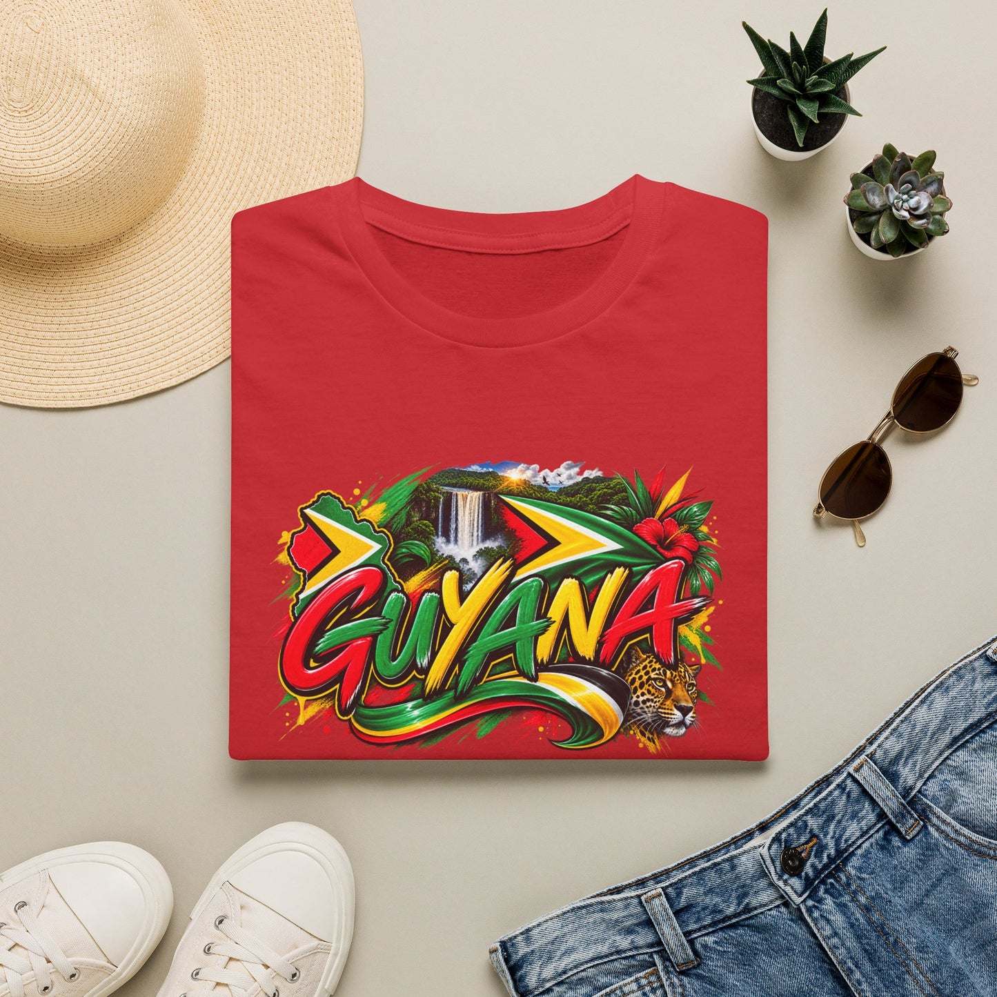 Guyana Graphic T‑Shirt — Colorful Tropical Island Design with Waterfall & Tiger