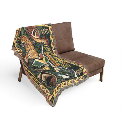 Guyanese cultural gift woven throw with jaguar and tropical birds