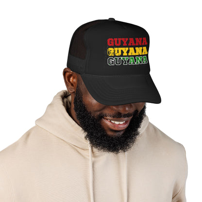 Guyana Retro Trucker Hat — Distressed Red Yellow Green Text Cap