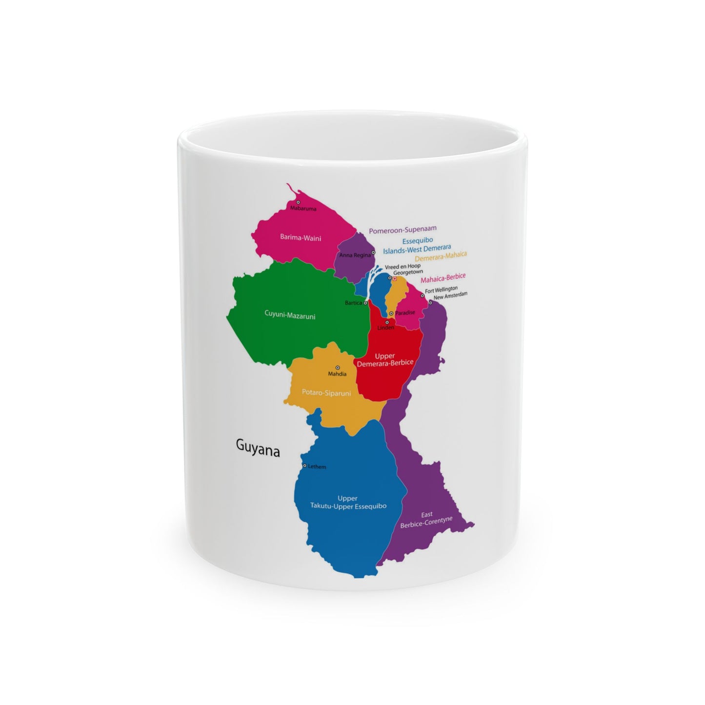 Guyana Regions Map Ceramic Mug — Colorful Labeled Map, 11oz & 15oz