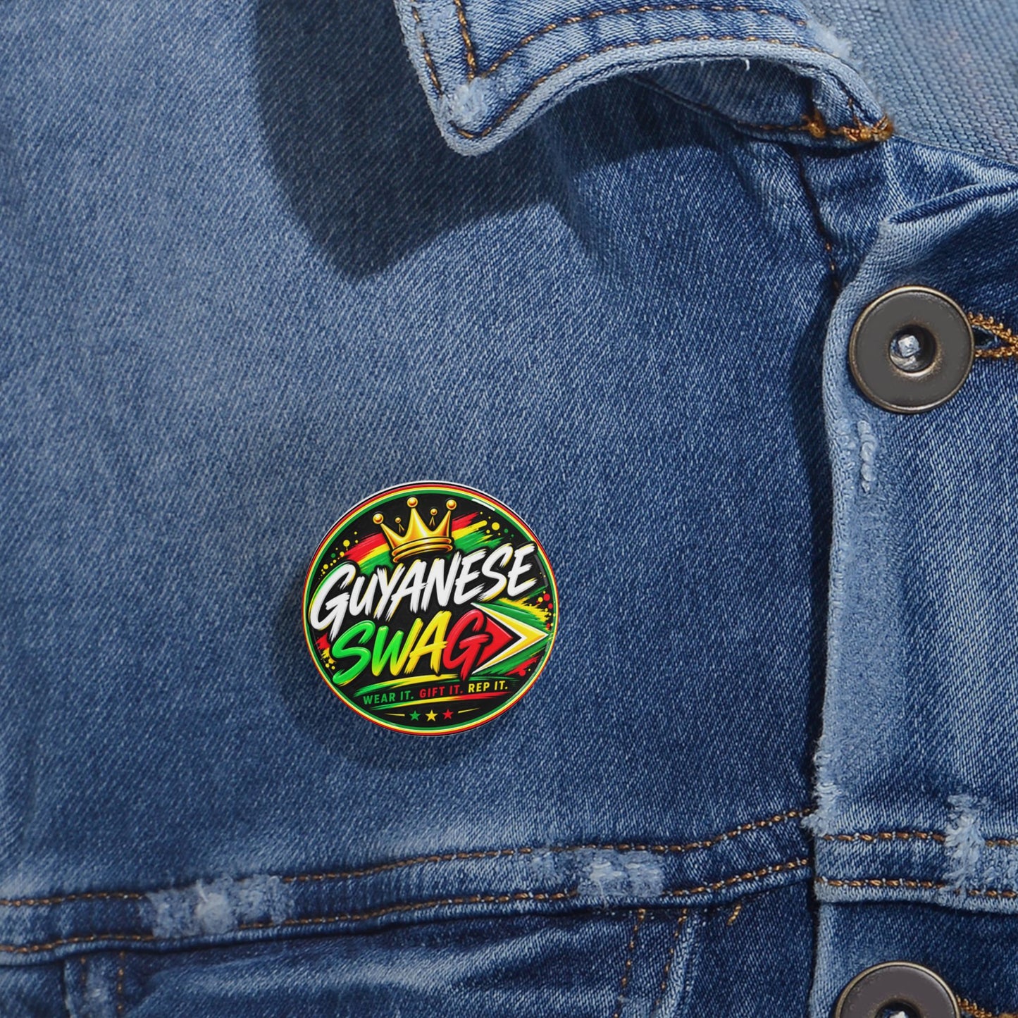 Guyanese Swag Round Pin – Bold Flag Colors & Crown Button Badge