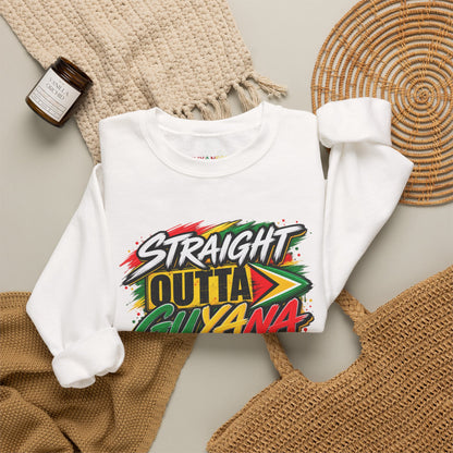 Crewneck Sweatshirt — “Straight Outta Guyana” Graphic with Guyanese Flag Sleeve Accents