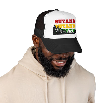 Guyana Retro Trucker Hat — Distressed Red Yellow Green Text Cap