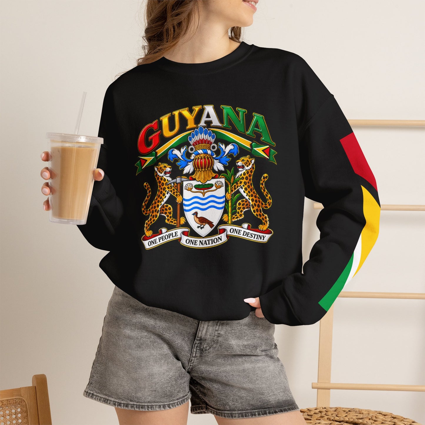 Guyana Crest Crewneck Sweatshirt — Guyanese Flag Sleeve Pullover