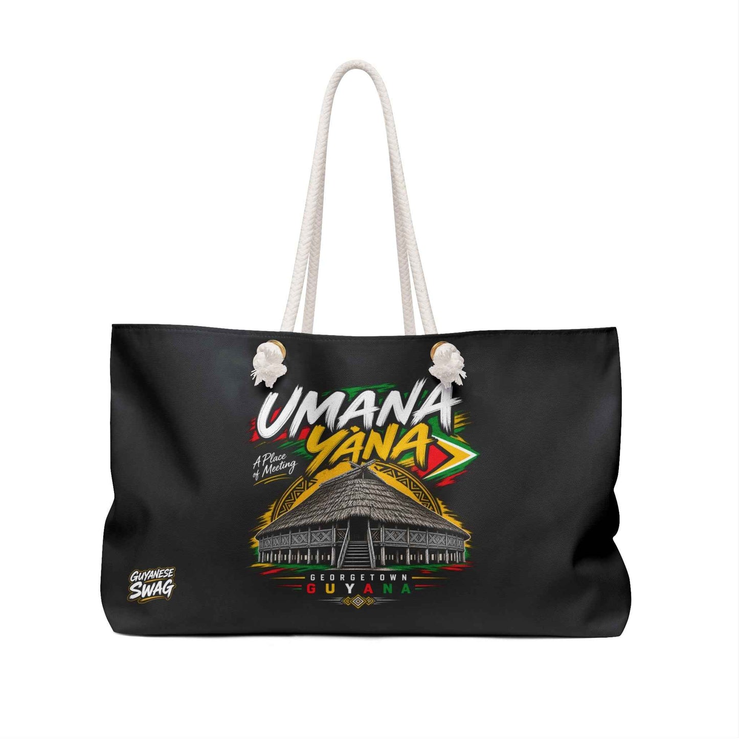 Umana Yana Guyana Weekender Bag – Black Tote with Indigenous Hut Graphic