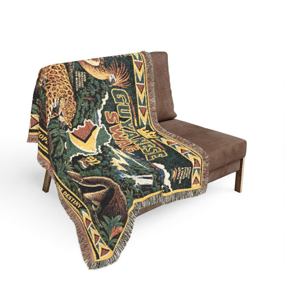 Guyana Jaguar & Map Woven Throw Blanket – Tropical Wildlife Design