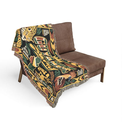 Guyana woven tapestry blanket with bold jaguar graphic