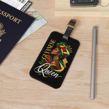 Guyanese Queen Luggage Tag — Black Travel ID Tag with Afrocentric Crown Design