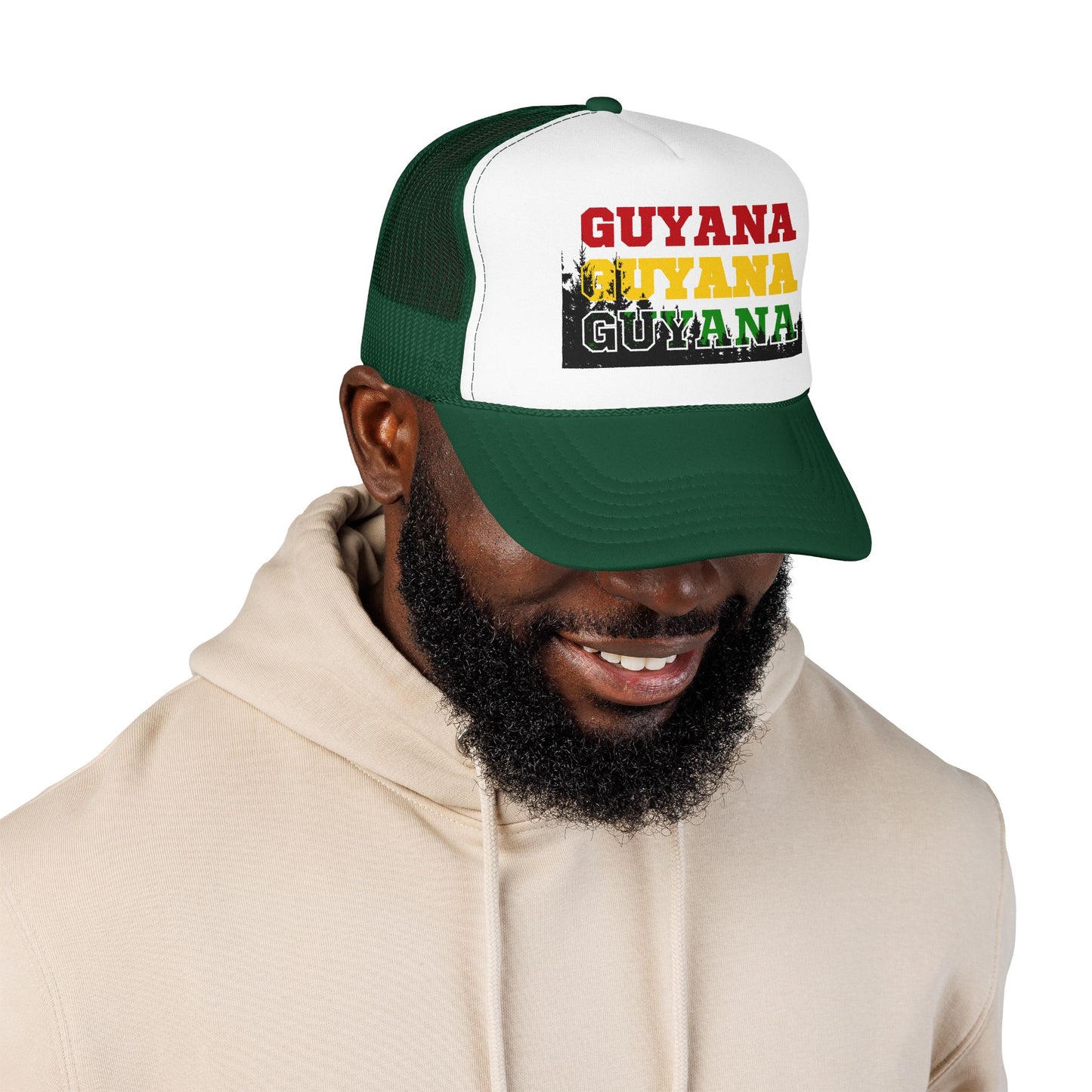 Guyana Retro Trucker Hat — Distressed Red Yellow Green Text Cap