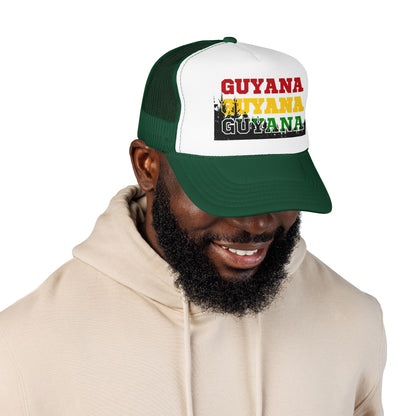 Guyana Retro Trucker Hat — Distressed Red Yellow Green Text Cap