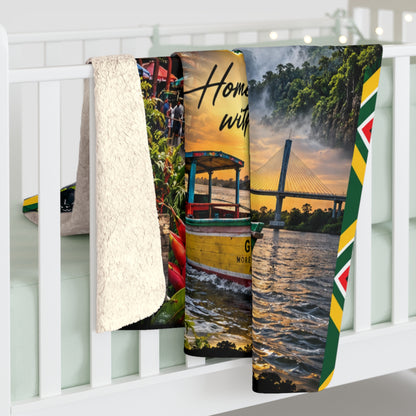 Guyana waterfall and market collage Sherpa blanket