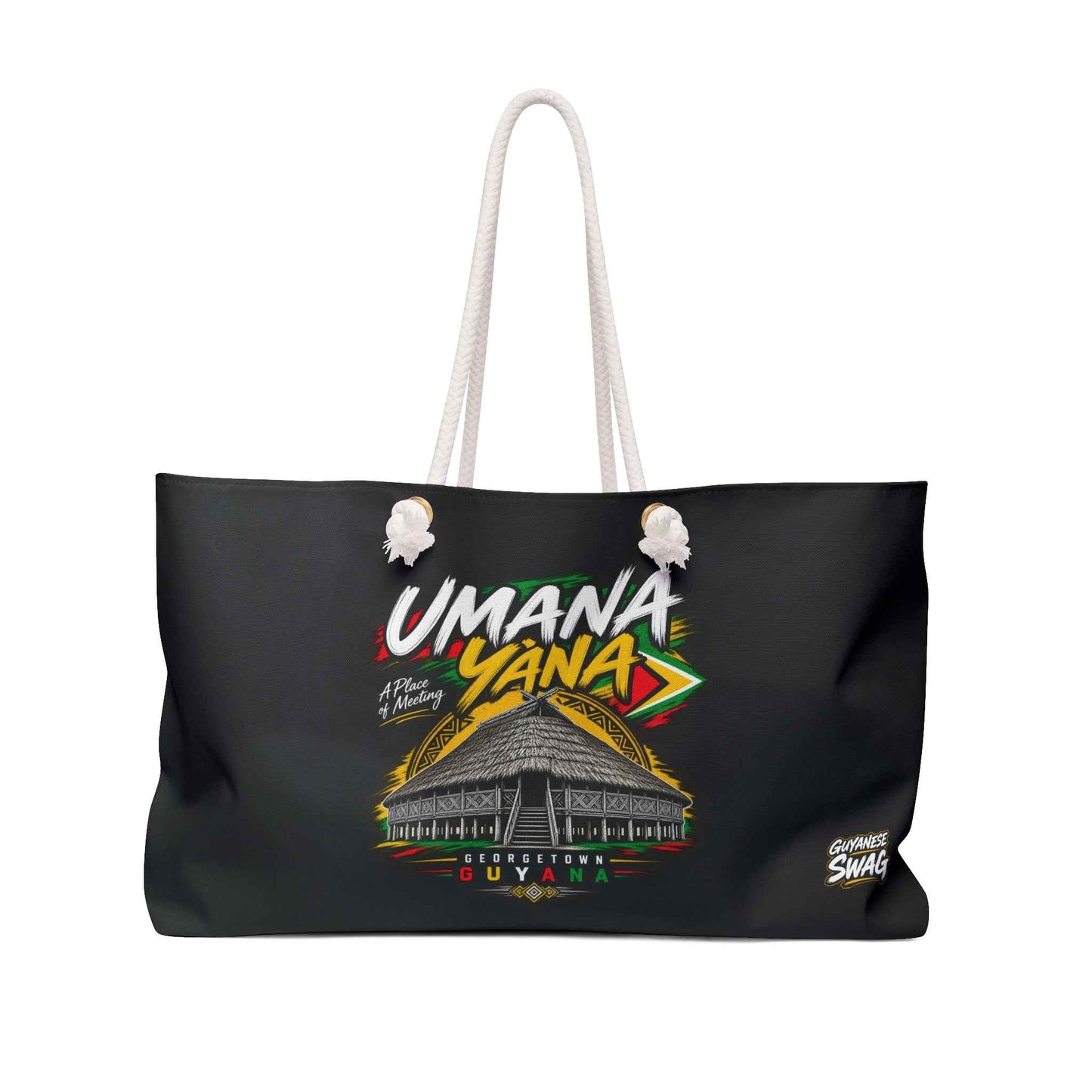 Umana Yana Guyana Weekender Bag – Black Tote with Indigenous Hut Graphic
