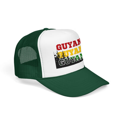 Guyana Retro Trucker Hat — Distressed Red Yellow Green Text Cap