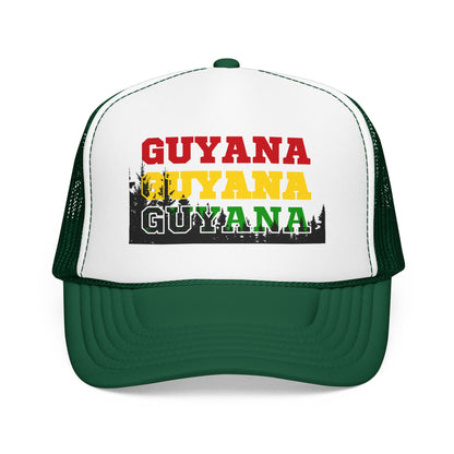 Guyana Retro Trucker Hat — Distressed Red Yellow Green Text Cap