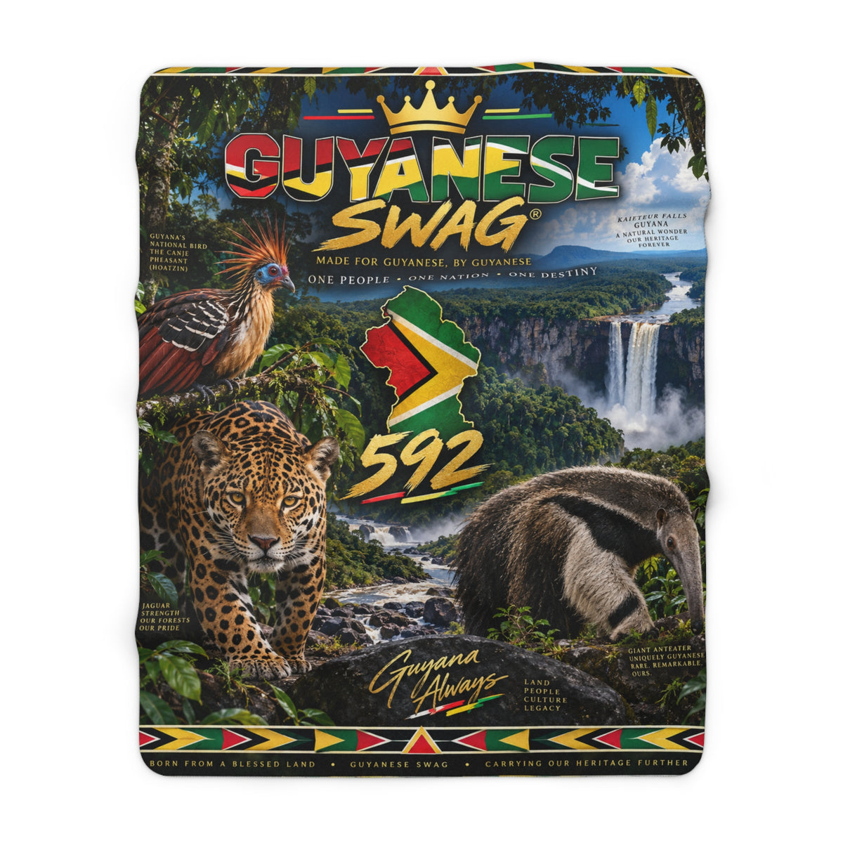Guyana wildlife Sherpa blanket with jaguar anteater and Kaieteur Falls
