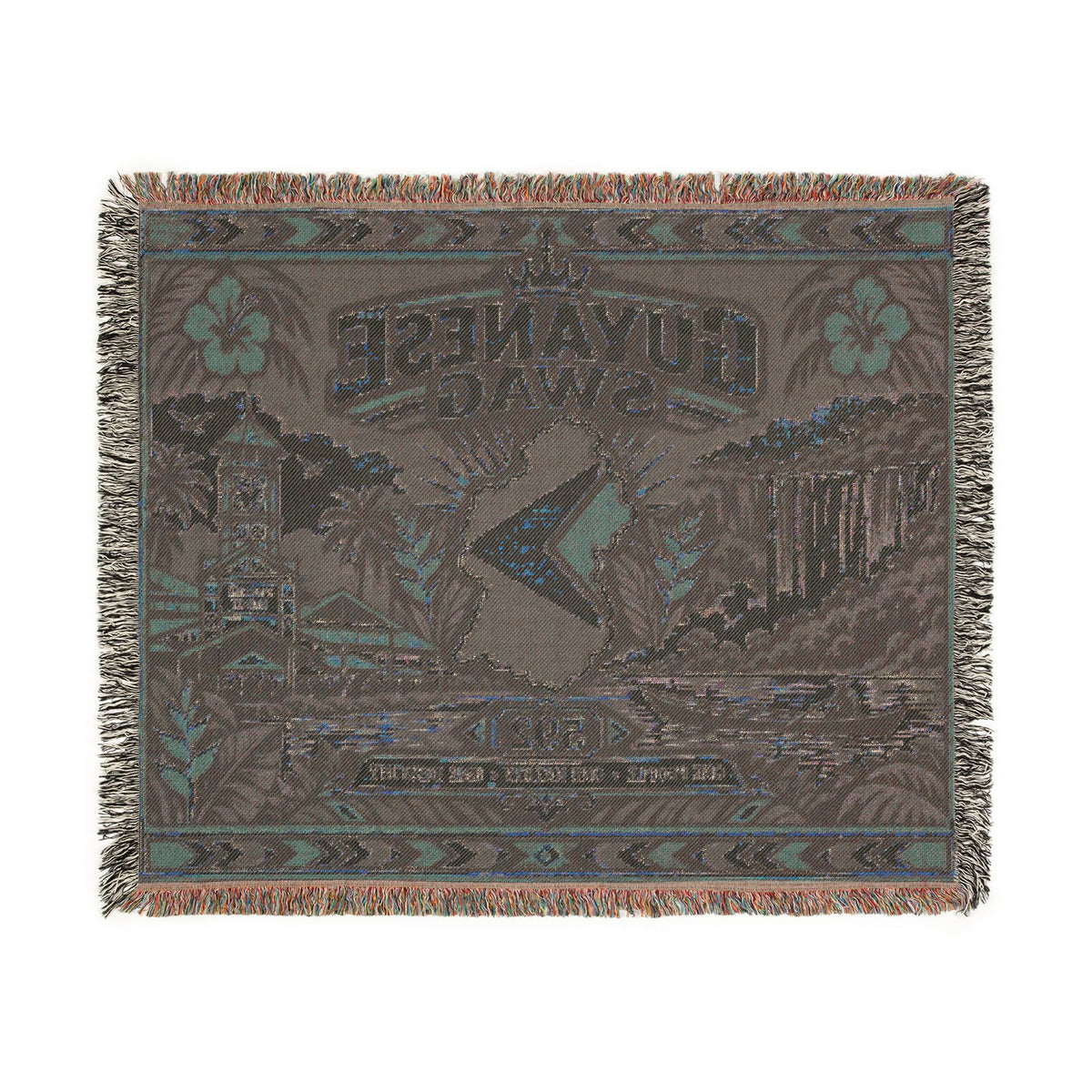 Guyanese woven blanket with Guyana map and waterfall artwork