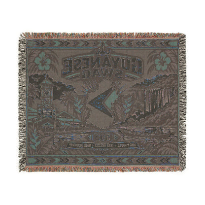 Guyanese woven blanket with Guyana map and waterfall artwork