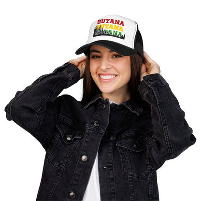 Guyana Retro Trucker Hat — Distressed Red Yellow Green Text Cap