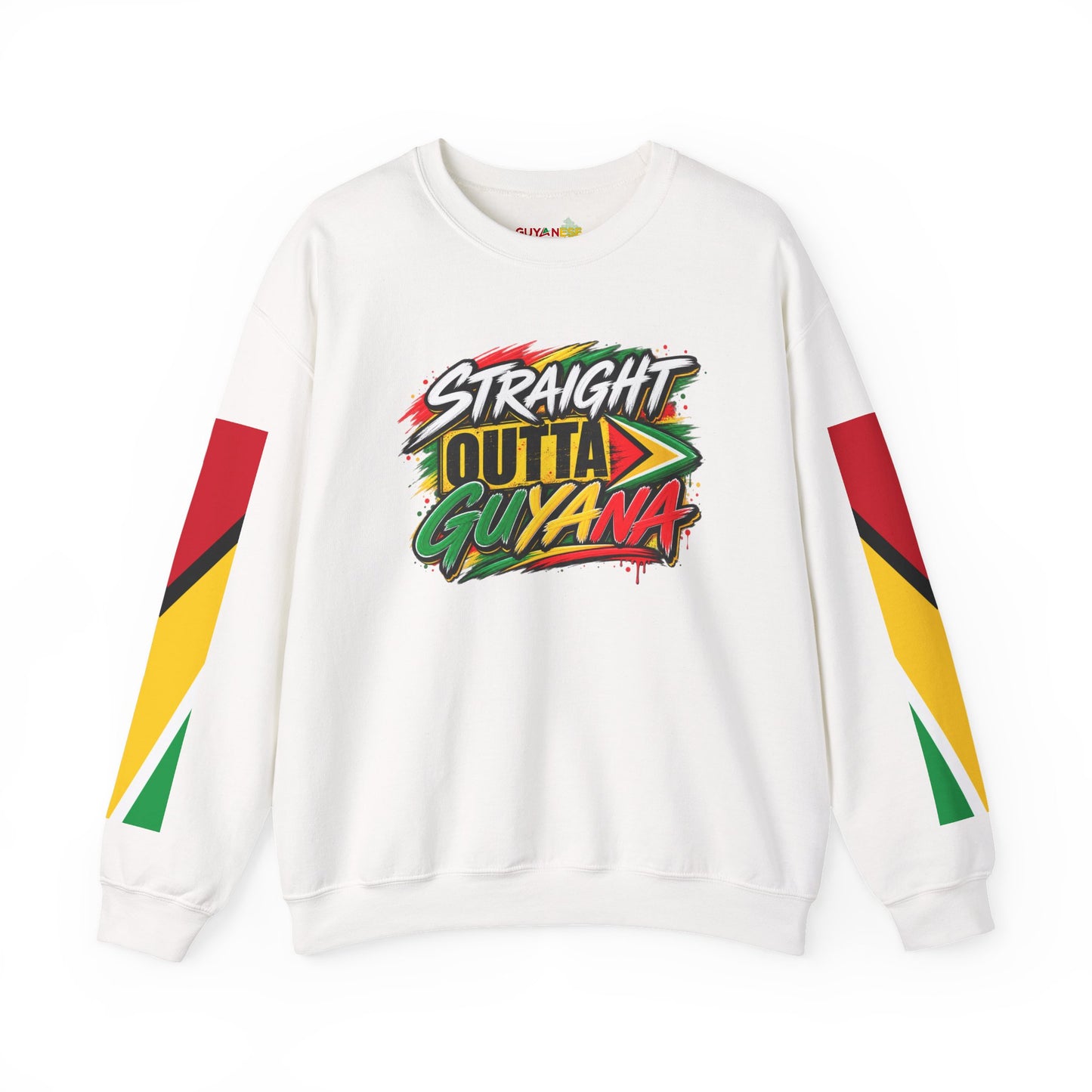 Crewneck Sweatshirt — “Straight Outta Guyana” Graphic with Guyanese Flag Sleeve Accents